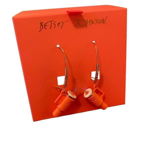 Betsey Johnson Orange Tumbler Dangle Earrings w/ Eye Catching Rhinestones. - Picture 3 of 8